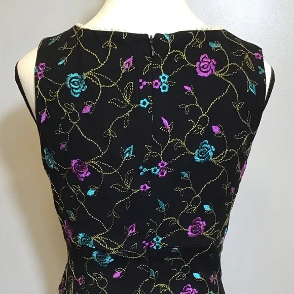 Vintage 90s Nicole Miller Floral Midi Embroidered Lace V-Neck Black Dress Size 8 - Picture 9 of 16